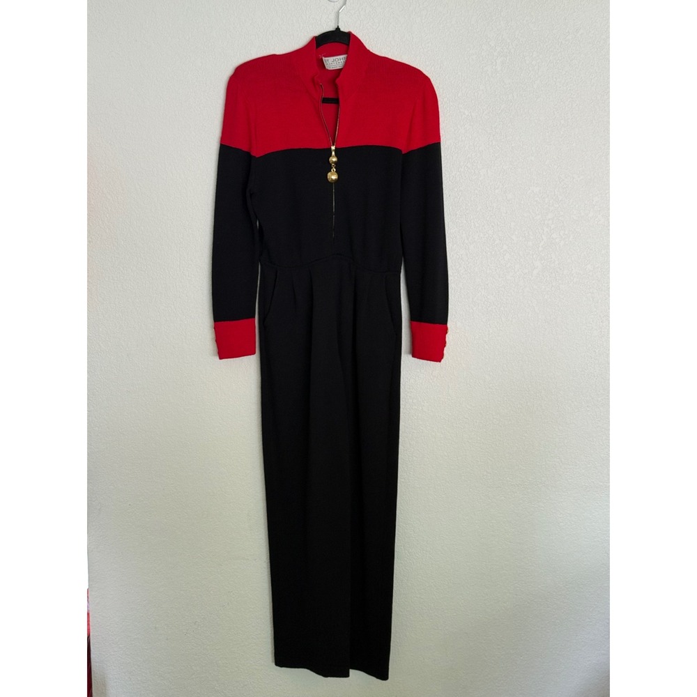 Vintage St John Sportswear Marie Gray Red Black Colorblock Knit Jumpsuit 4